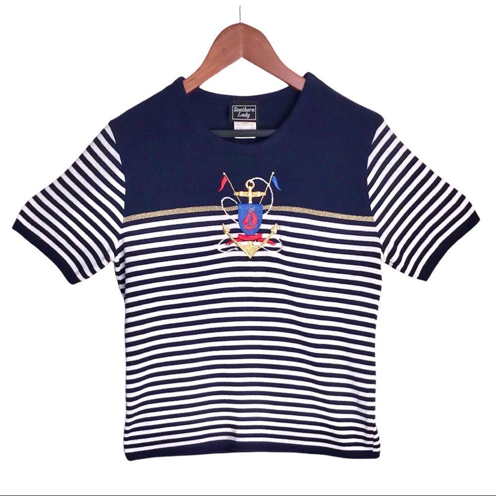 Vintage 90s Y2K Nautical Stripe Knit Tee Short Sleeve White & Blue Top